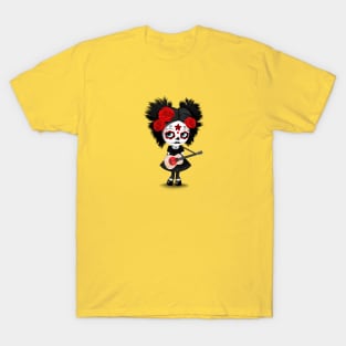 Sugar Skull Girl Playing Japanese Flag Guitar T-Shirt